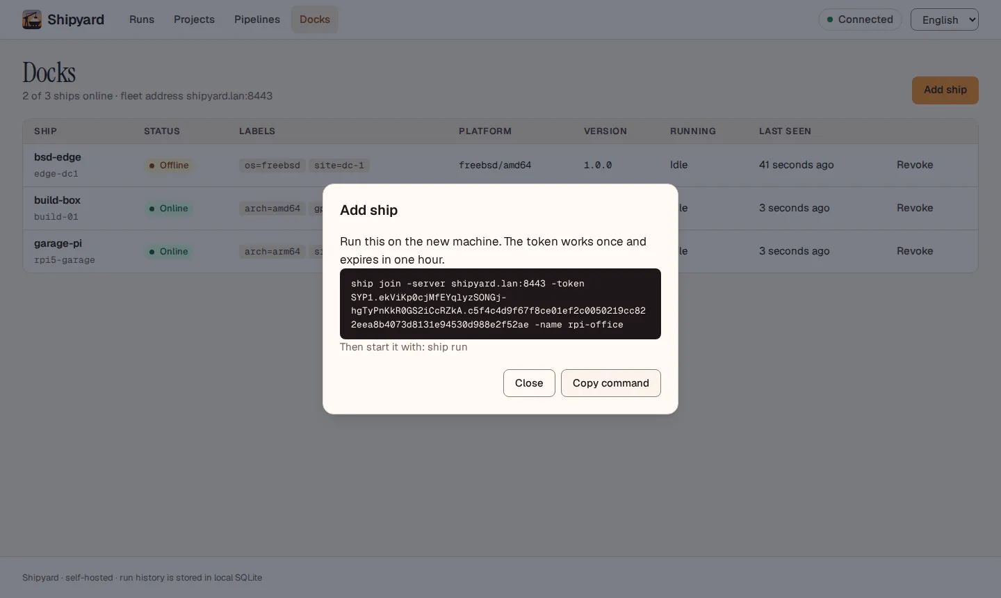 Add ship dialog showing the generated one-time join command