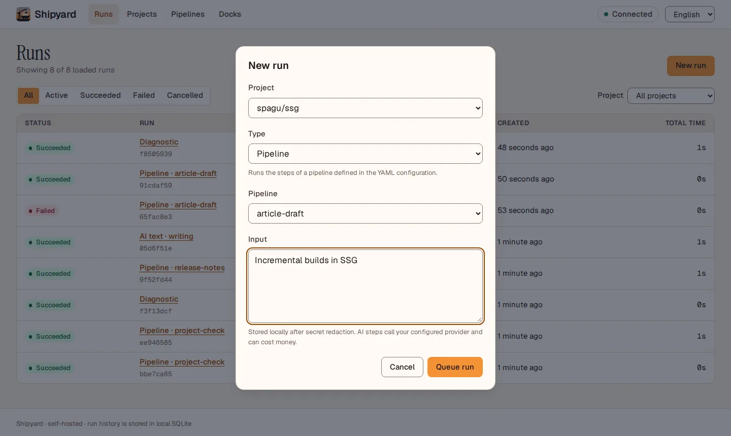 New run dialog with project, type, pipeline and input